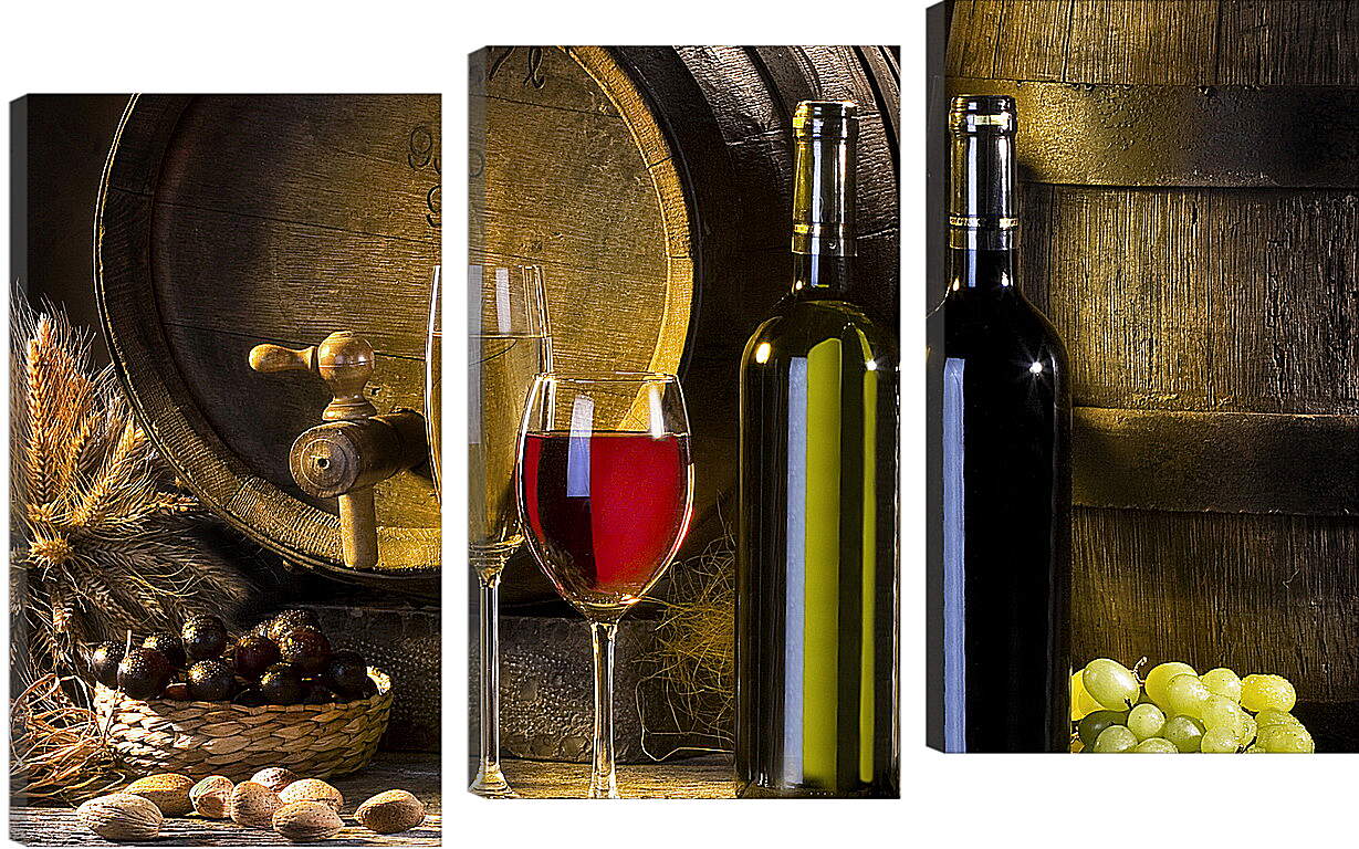 Модульная картина - Бочка, две бутылки, два бокала и виноград