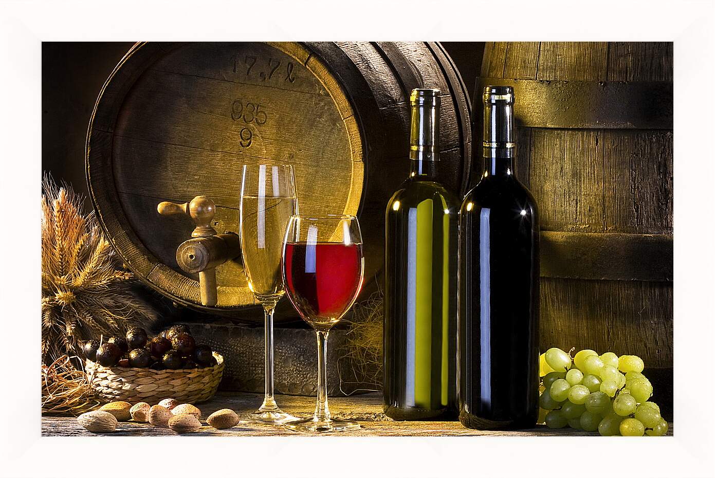 Картина в раме - Бочка, две бутылки, два бокала и виноград