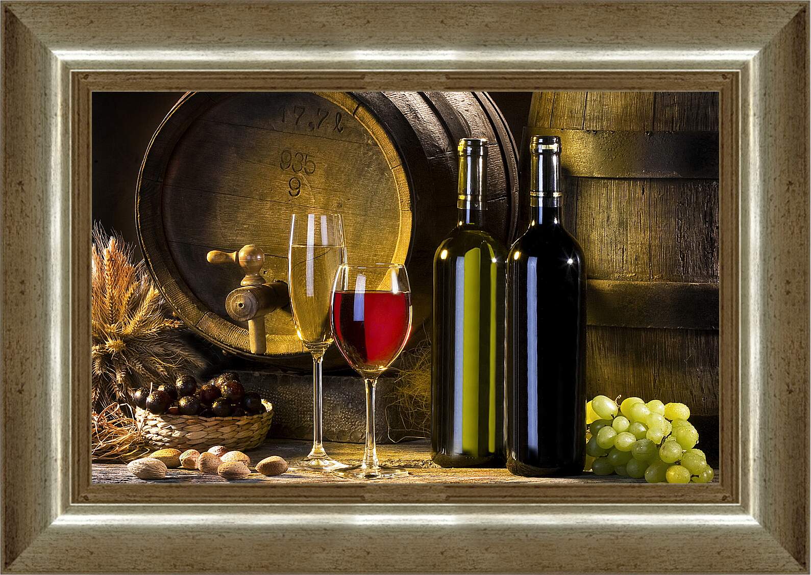 Картина в раме - Бочка, две бутылки, два бокала и виноград