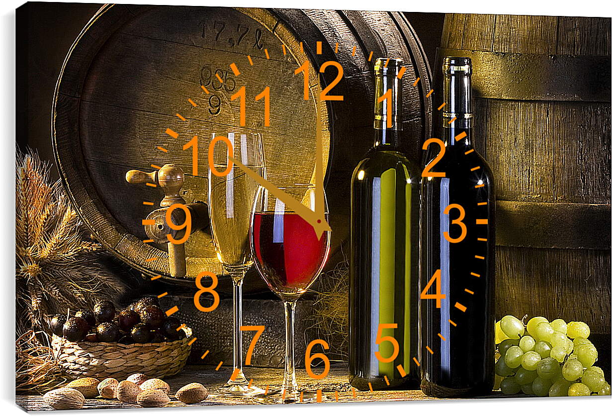 Часы картина - Бочка, две бутылки, два бокала и виноград