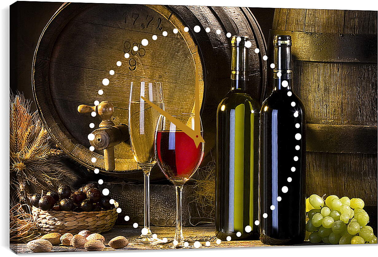 Часы картина - Бочка, две бутылки, два бокала и виноград
