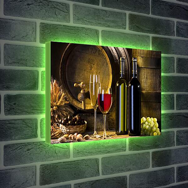Лайтбокс световая панель - Бочка, две бутылки, два бокала и виноград