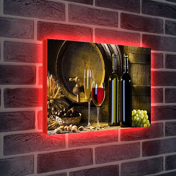 Лайтбокс световая панель - Бочка, две бутылки, два бокала и виноград