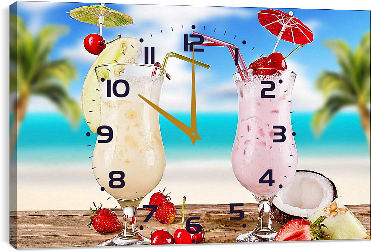 Часы картина - Кокос и два коктейля на столе