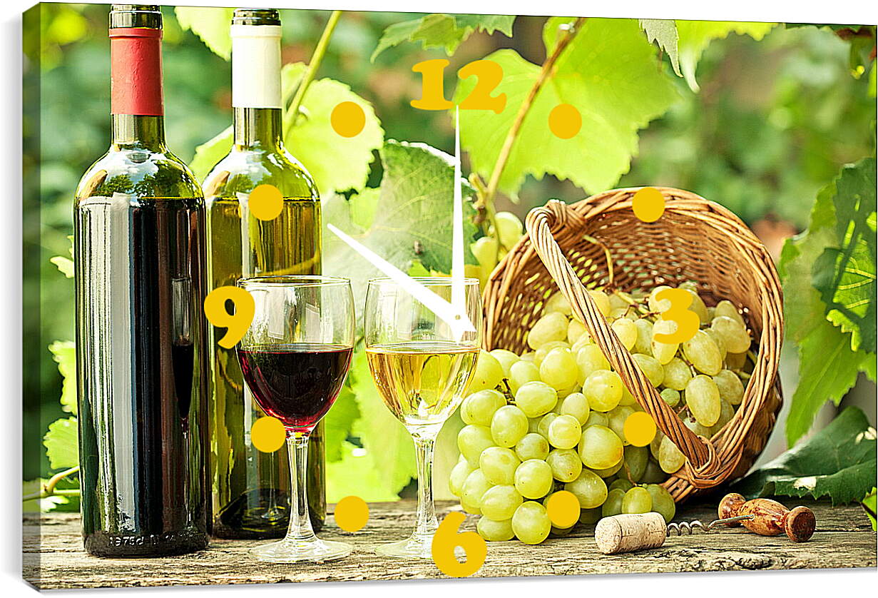 Часы картина - Виноград, штопор и вино