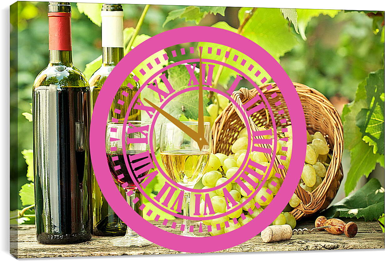Часы картина - Виноград, штопор и вино