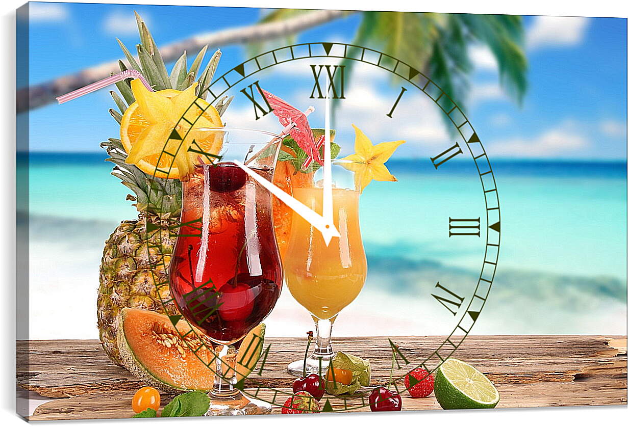 Часы картина - Два бокала коктейля на фоне моря