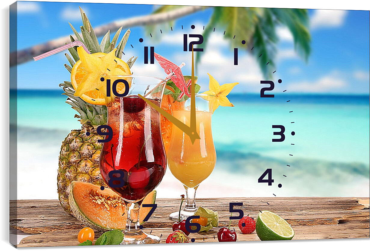 Часы картина - Два бокала коктейля на фоне моря