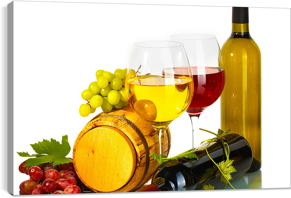 Постер и плакат - Виноград на бочке и бокалы белого и красного вина