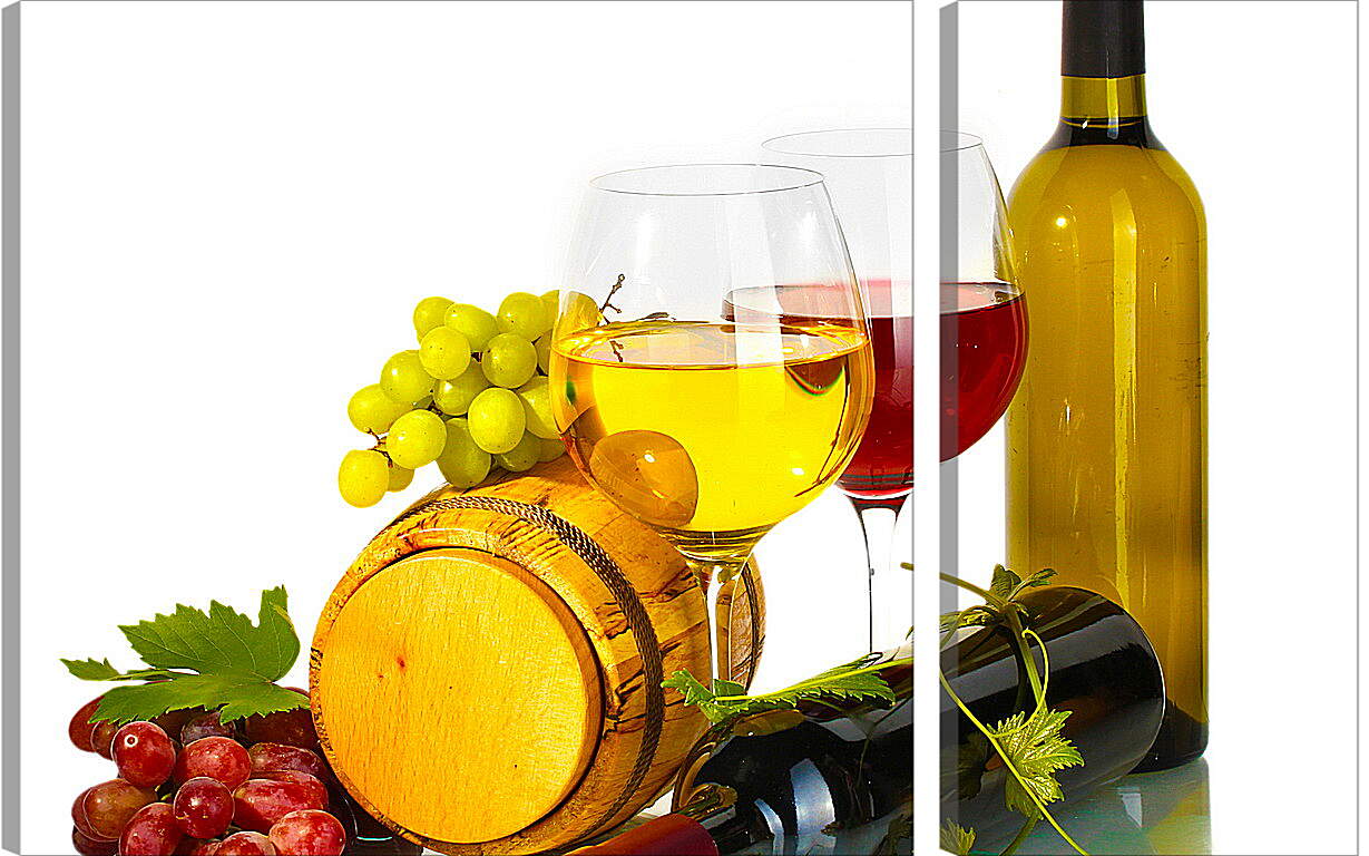 Модульная картина - Виноград на бочке и бокалы белого и красного вина