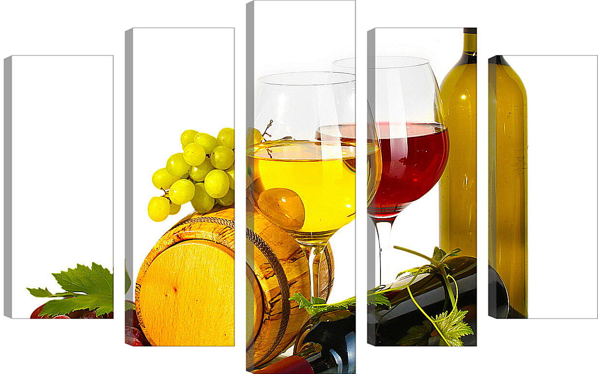 Модульная картина - Виноград на бочке и бокалы белого и красного вина