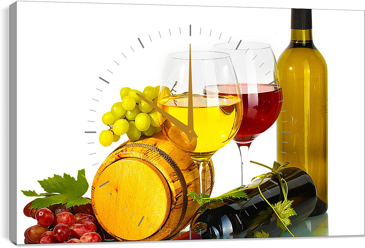 Часы картина - Виноград на бочке и бокалы белого и красного вина