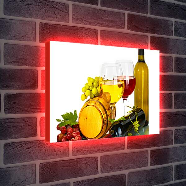 Лайтбокс световая панель - Виноград на бочке и бокалы белого и красного вина