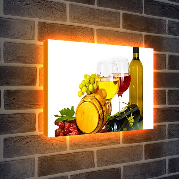 Лайтбокс световая панель - Виноград на бочке и бокалы белого и красного вина