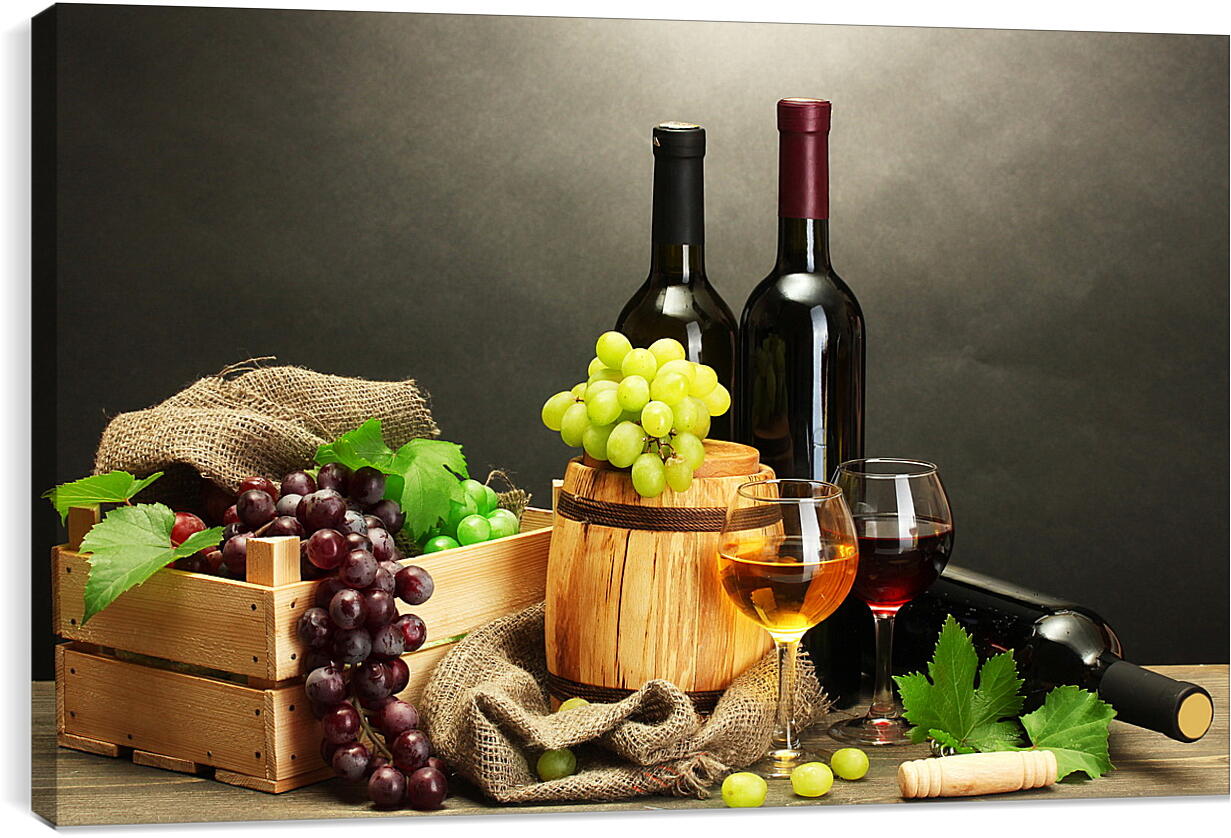 Постер и плакат - Виноград, три бутылки вина и два бокала