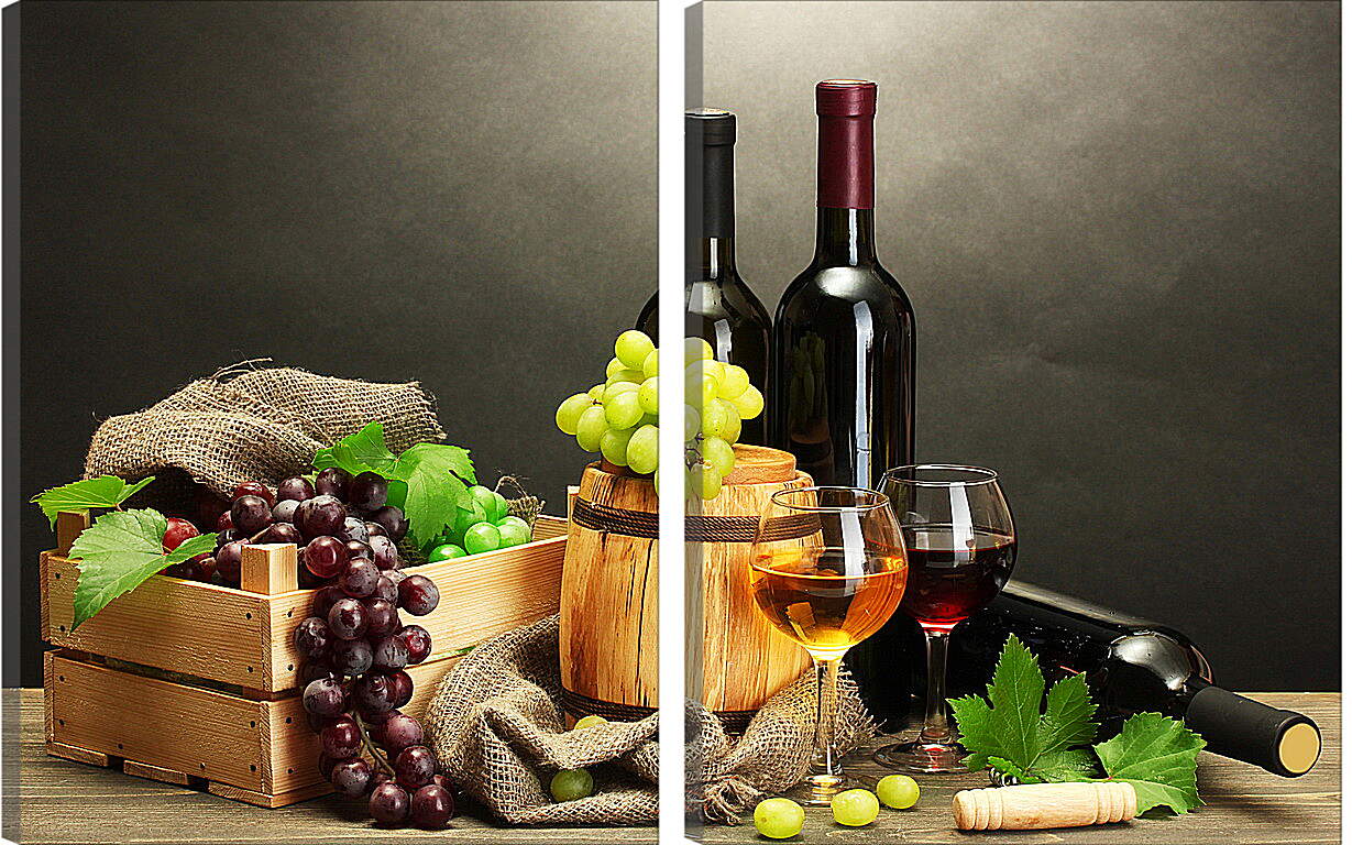 Модульная картина - Виноград, три бутылки вина и два бокала
