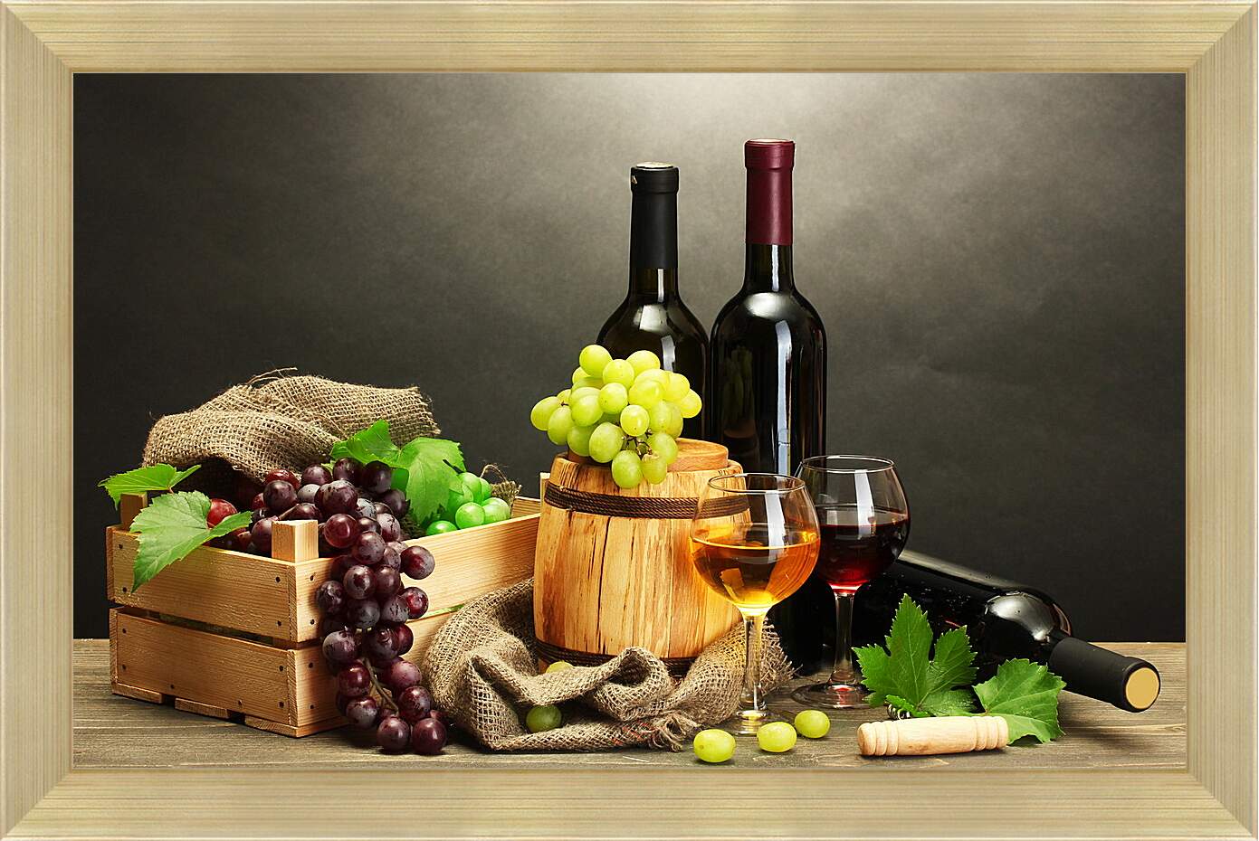 Картина в раме - Виноград, три бутылки вина и два бокала