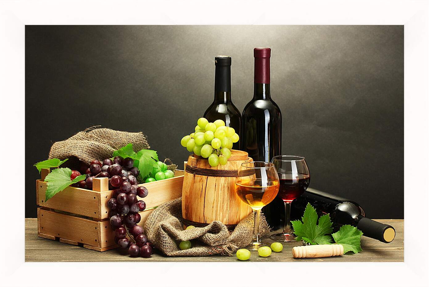 Картина в раме - Виноград, три бутылки вина и два бокала