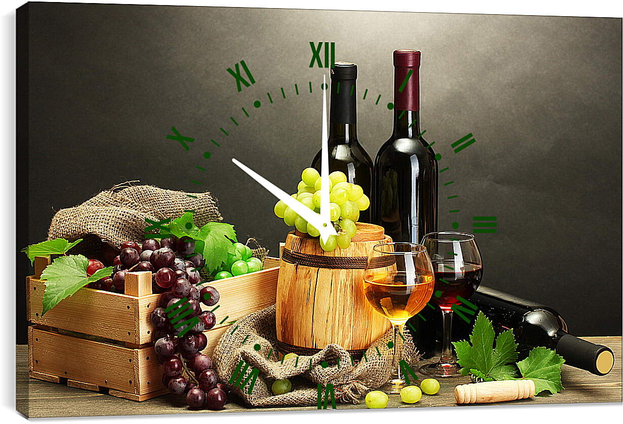 Часы картина - Виноград, три бутылки вина и два бокала