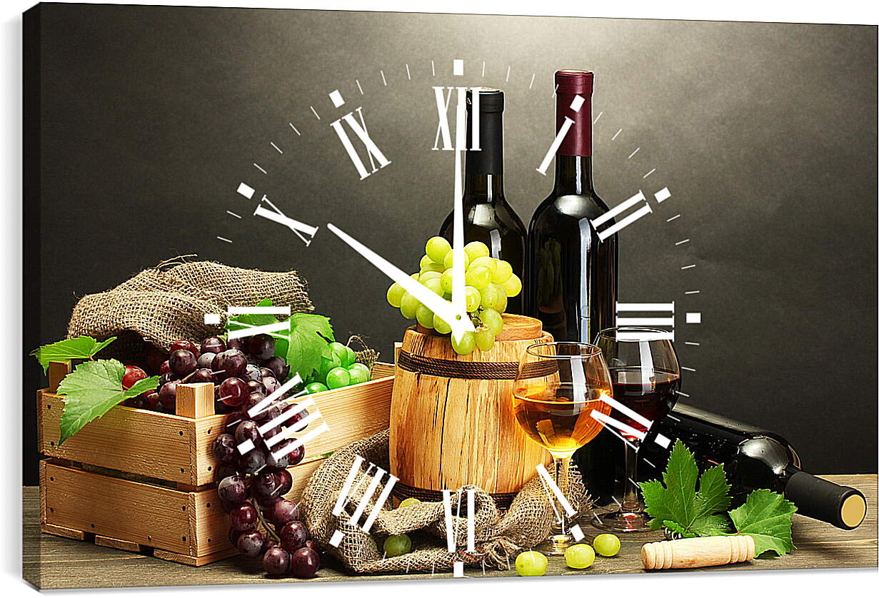 Часы картина - Виноград, три бутылки вина и два бокала