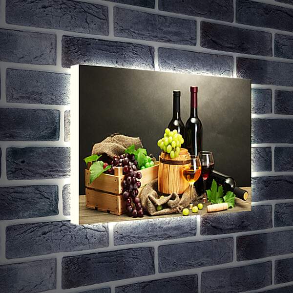 Лайтбокс световая панель - Виноград, три бутылки вина и два бокала