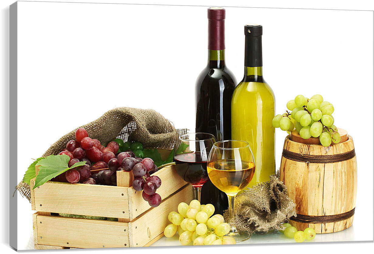 Постер и плакат - Ящик винограда, бочка и две бутылки вина