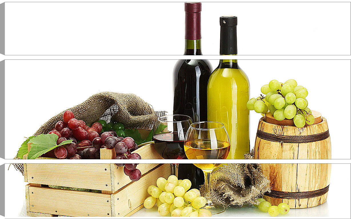 Модульная картина - Ящик винограда, бочка и две бутылки вина