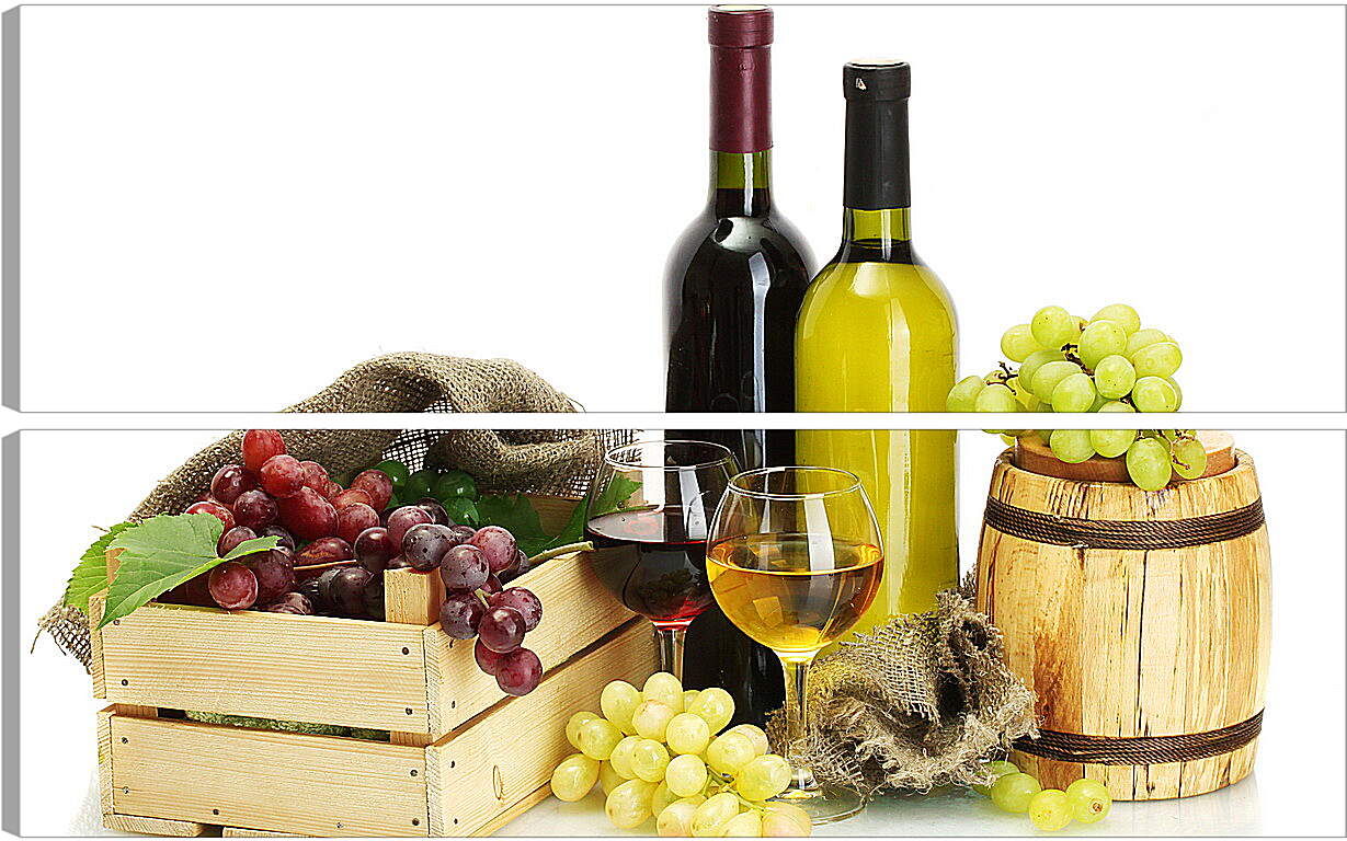 Модульная картина - Ящик винограда, бочка и две бутылки вина