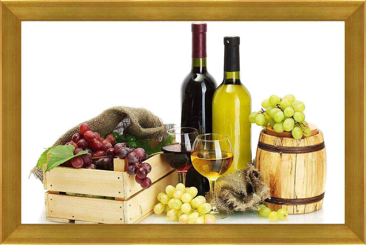 Картина в раме - Ящик винограда, бочка и две бутылки вина