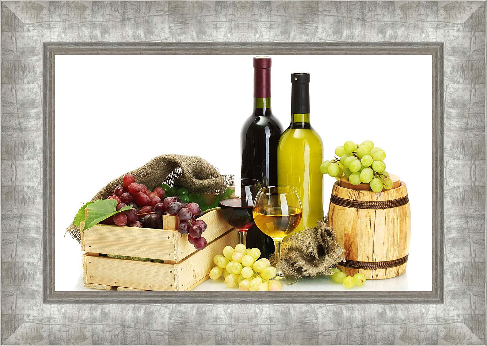 Картина в раме - Ящик винограда, бочка и две бутылки вина