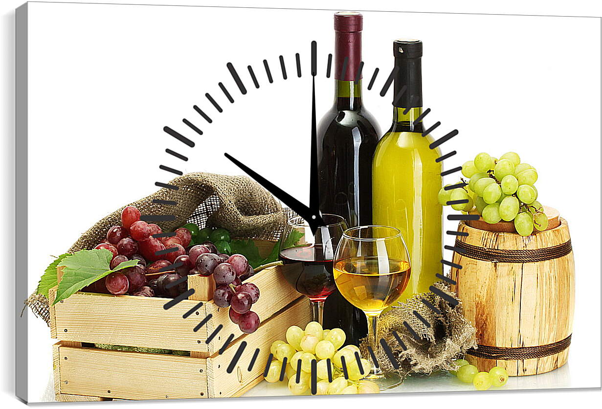 Часы картина - Ящик винограда, бочка и две бутылки вина