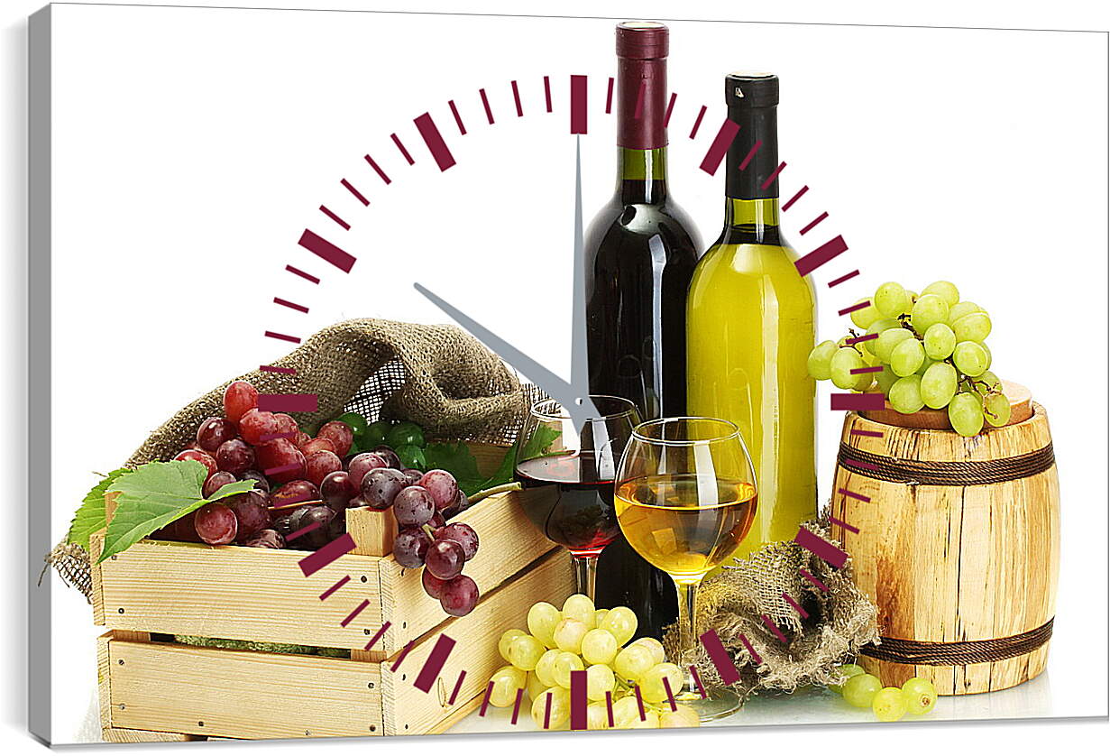 Часы картина - Ящик винограда, бочка и две бутылки вина