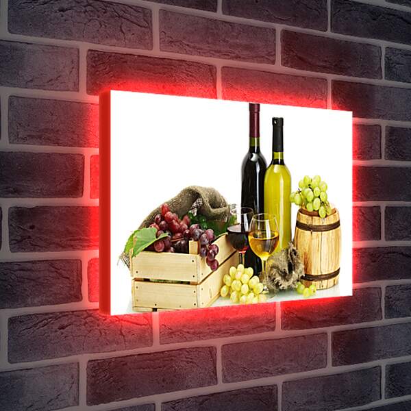 Лайтбокс световая панель - Ящик винограда, бочка и две бутылки вина