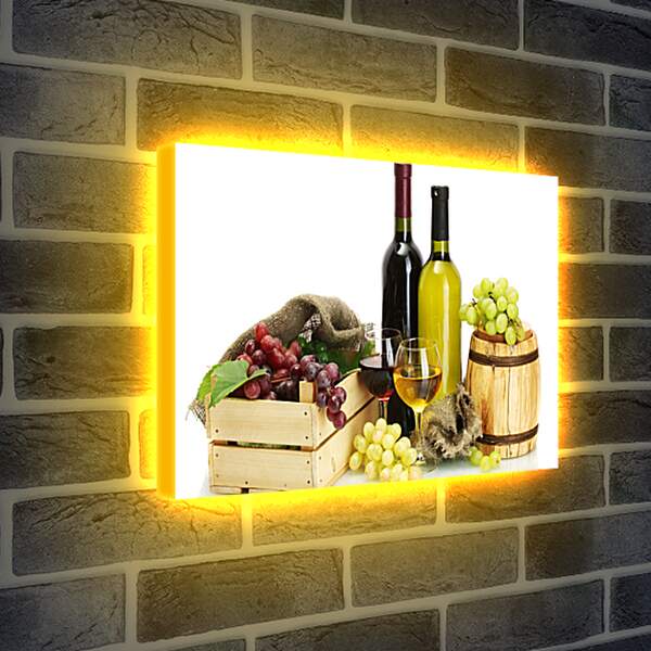 Лайтбокс световая панель - Ящик винограда, бочка и две бутылки вина