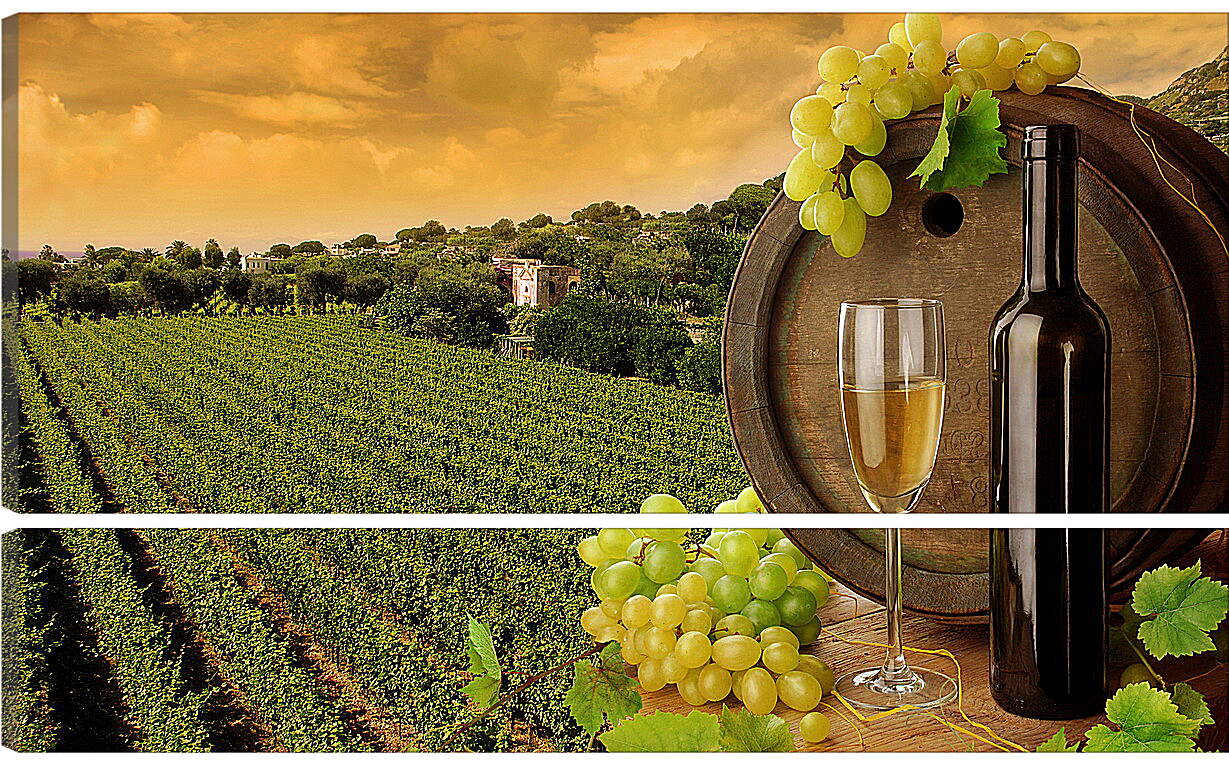 Модульная картина - Гроздь винограда на бочке и бокал вина с бутылкой