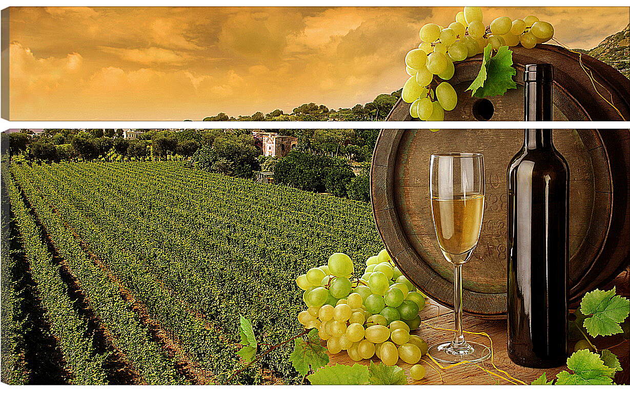 Модульная картина - Гроздь винограда на бочке и бокал вина с бутылкой