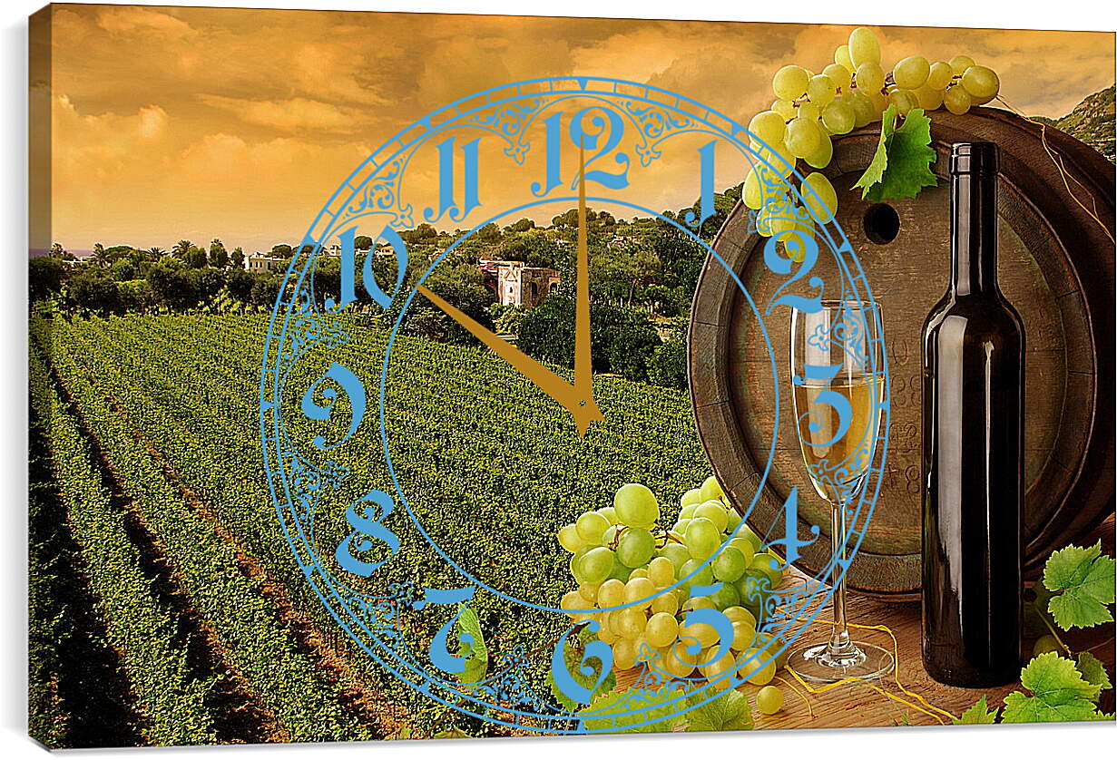 Часы картина - Гроздь винограда на бочке и бокал вина с бутылкой
