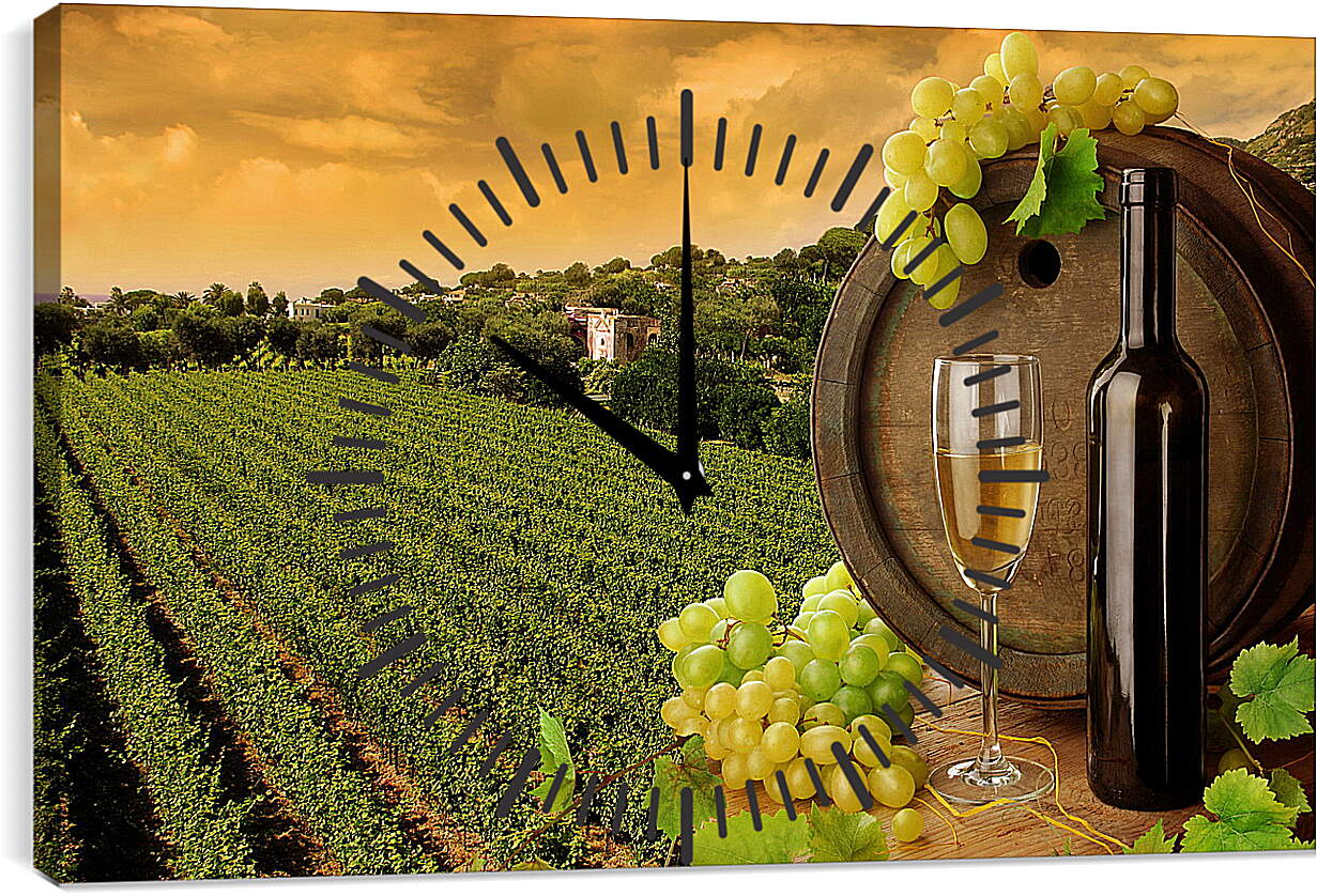 Часы картина - Гроздь винограда на бочке и бокал вина с бутылкой
