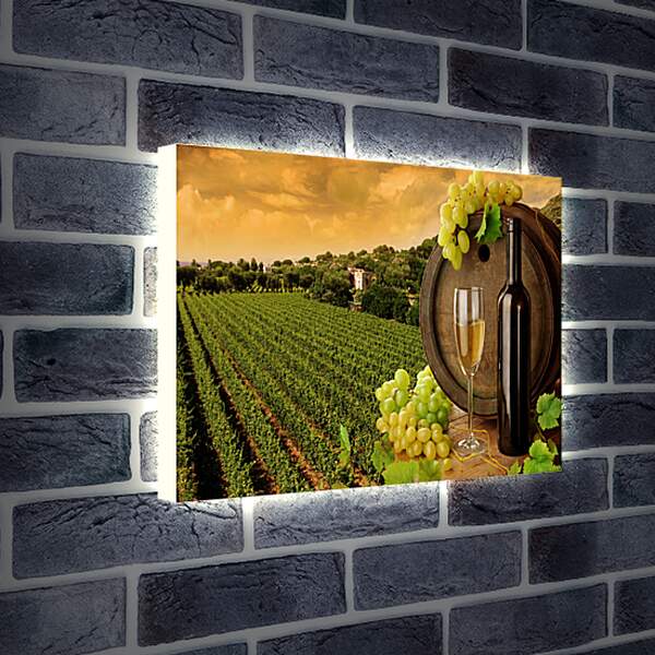 Лайтбокс световая панель - Гроздь винограда на бочке и бокал вина с бутылкой