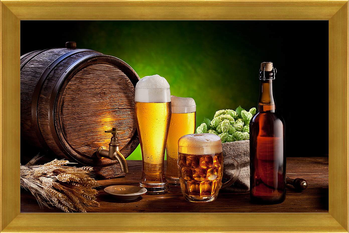 Картина в раме - Бочка с краником и разлитое по бокалом пиво