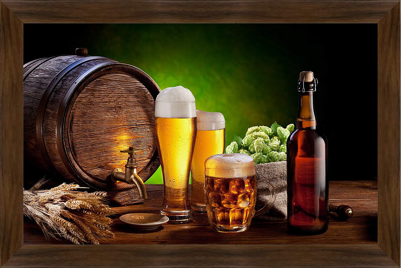 Картина в раме - Бочка с краником и разлитое по бокалом пиво