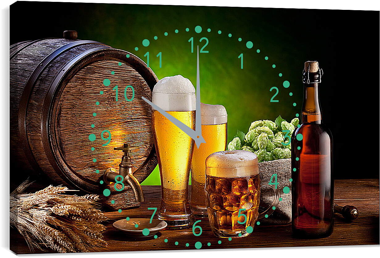 Часы картина - Бочка с краником и разлитое по бокалом пиво