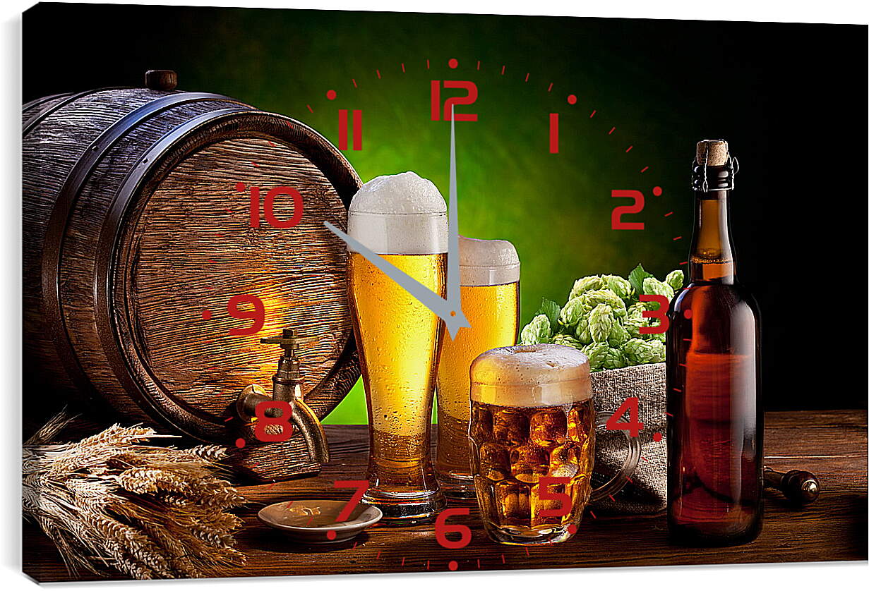 Часы картина - Бочка с краником и разлитое по бокалом пиво