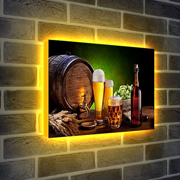 Лайтбокс световая панель - Бочка с краником и разлитое по бокалом пиво