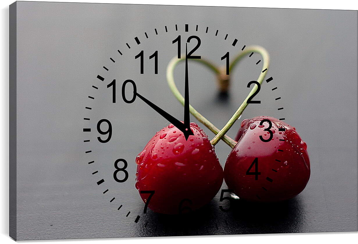 Часы картина - Две вишни переплетены в форме сердечка