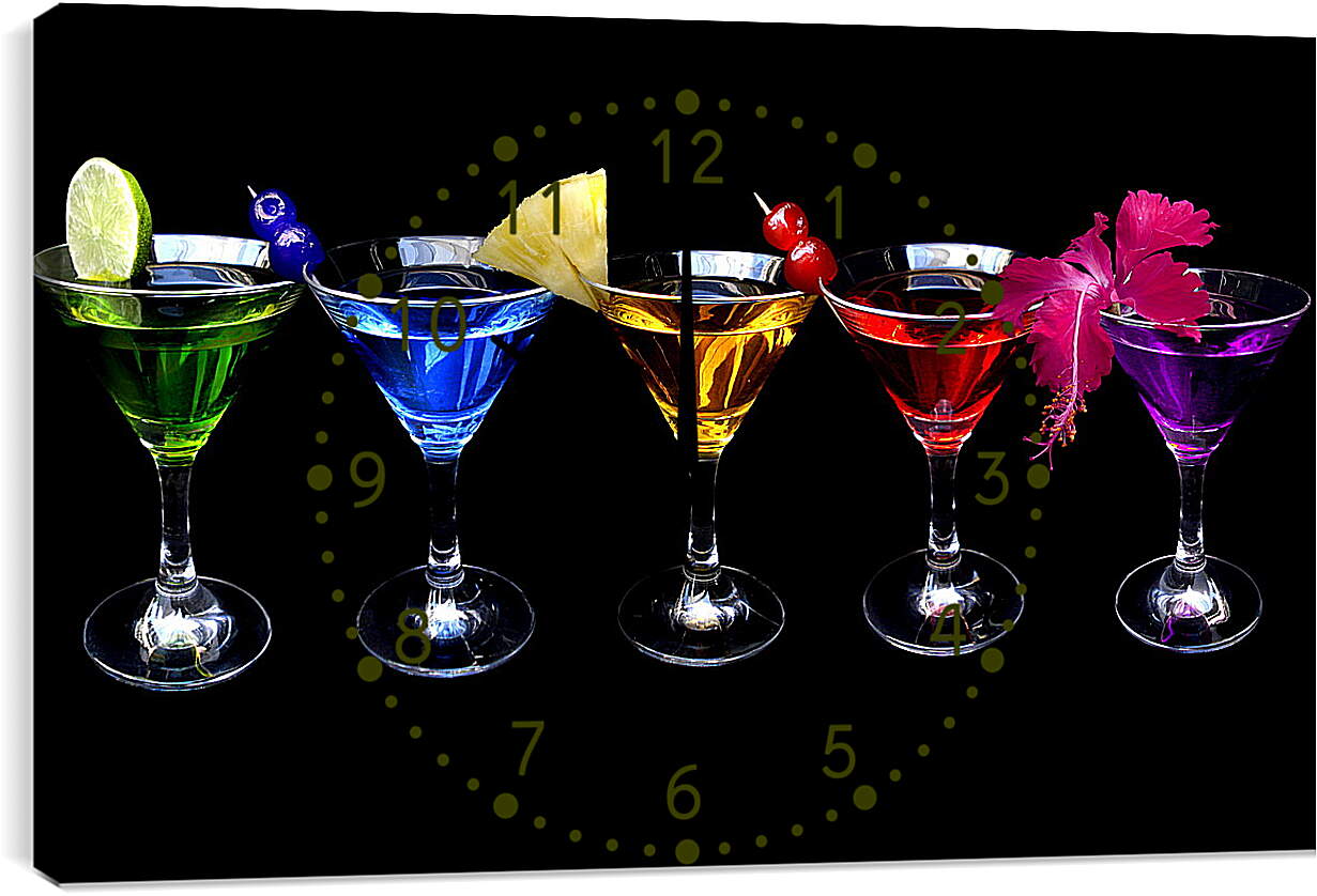 Часы картина - Пять разноцветных коктейлей