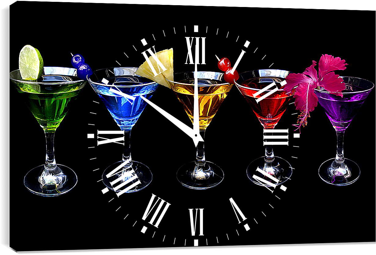 Часы картина - Пять разноцветных коктейлей