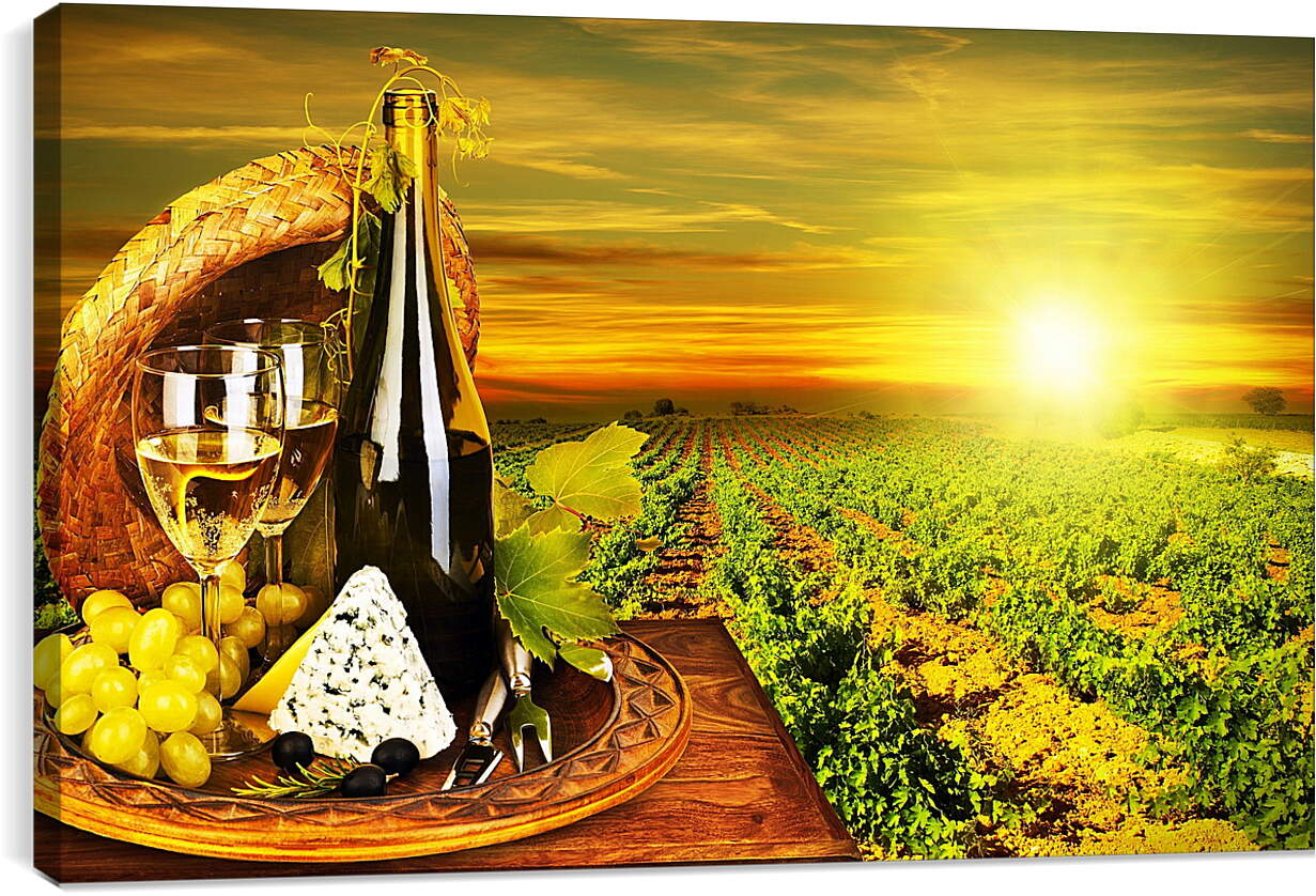Постер и плакат - Виноград, сыр, бутылка и два бокала вина