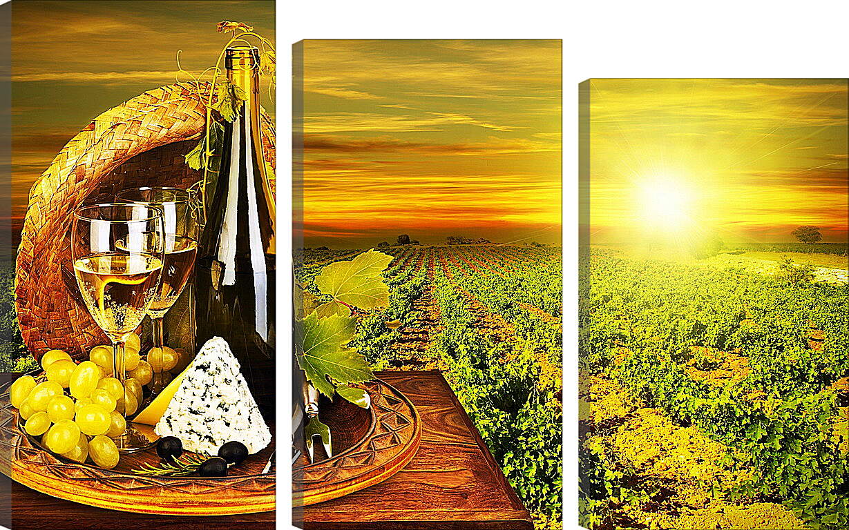 Модульная картина - Виноград, сыр, бутылка и два бокала вина