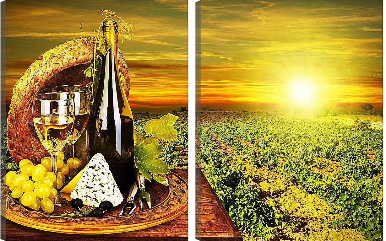 Модульная картина - Виноград, сыр, бутылка и два бокала вина